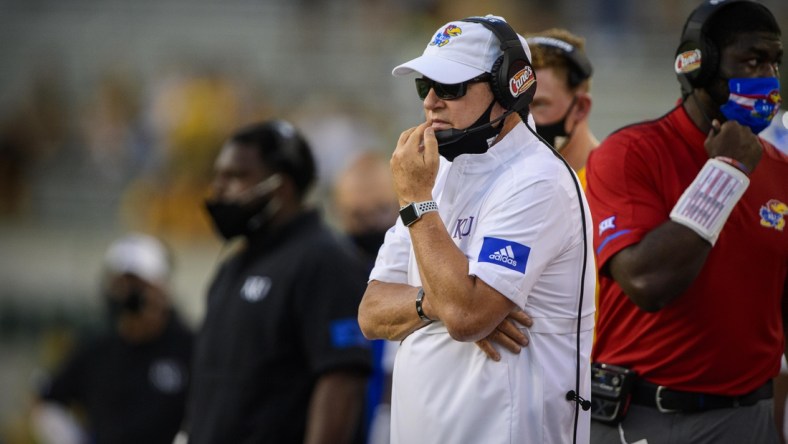 Sep 26, 2020; Waco, Texas, USA; Kansas Jayhawks head coach Les Miles during the game between the Bears and the Jayhawks at McLane Stadium. Mandatory Credit: Jerome Miron-USA TODAY Sports