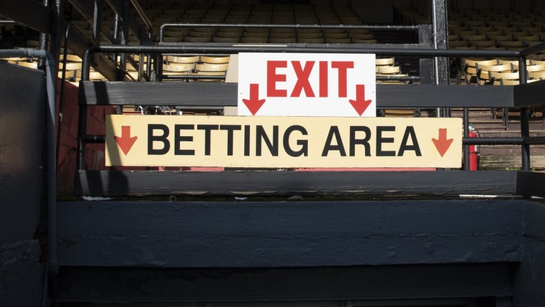 Oct 2, 2020; Baltimore, Maryland, USA;  A view of the Betting Area sign at Pimlico Race Course. Mandatory Credit: Tommy Gilligan-USA TODAY Sports