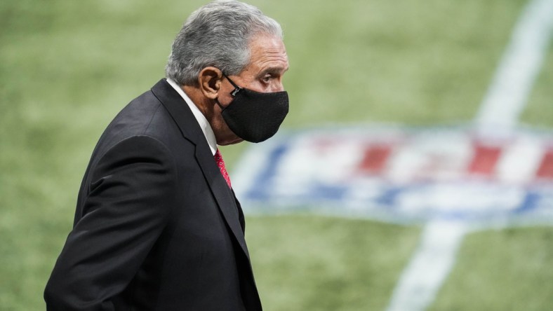 Oct 11, 2020; Atlanta, Georgia, USA; Atlanta Falcons team owner Arthur Blank on the field during the game against the Carolina Panthers during the fourth quarter  at Mercedes-Benz Stadium. Mandatory Credit: Dale Zanine-USA TODAY Sports