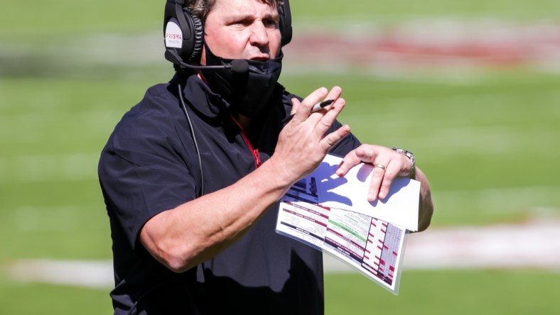 Oct 17, 2020; Columbia, South Carolina, USA; South Carolina Gamecocks head coach Will Muschamp disputes a call against the Auburn Tigers during the second quarter at Williams-Brice Stadium. Mandatory Credit: Jeff Blake-USA TODAY Sports