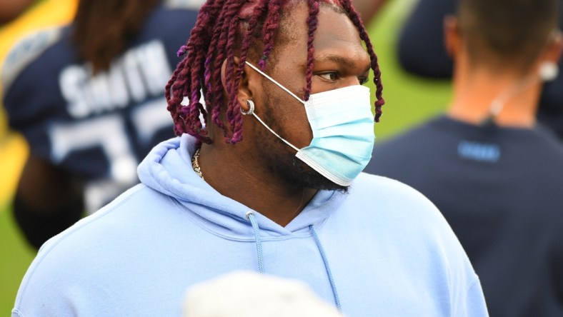 Oct 18, 2020; Nashville, Tennessee, USA; Tennessee Titans offensive tackle Isaiah Wilson (79) during the game against the Houston Texans at Nissan Stadium. Mandatory Credit: Christopher Hanewinckel-USA TODAY Sports