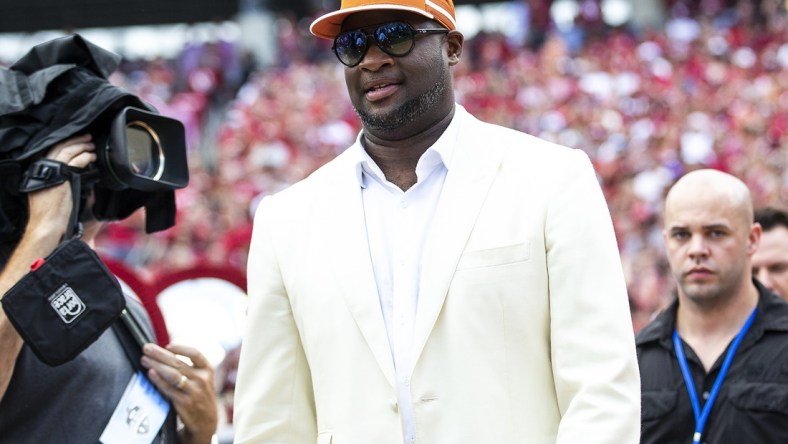 Oct 6, 2018; Dallas, TX, USA; Former Texas quarterback Vince Young enters the stadium before an NCAA college football game between Texas and Oklahoma at the Cotton Bowl in Dallas, Texas, on Saturday, Oct. 6, 2018. Mandatory Credit: Nick Wagner-USA TODAY NETWORK