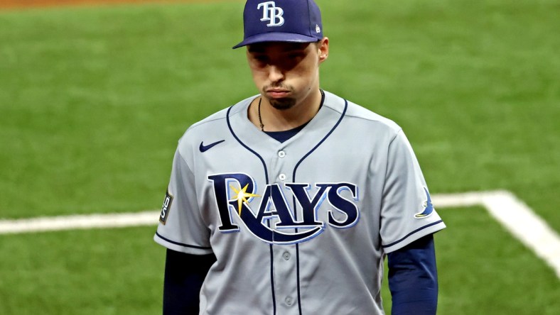 Oct 27, 2020; Arlington, Texas, USA; Tampa Bay Rays starting pitcher Blake Snell (4) is taken out of the game during the sixth inning against the Los Angeles Dodgersduring game six of the 2020 World Series at Globe Life Field. Mandatory Credit: Kevin Jairaj-USA TODAY Sports