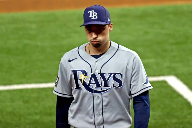 Oct 27, 2020; Arlington, Texas, USA; Tampa Bay Rays starting pitcher Blake Snell (4) is taken out of the game during the sixth inning against the Los Angeles Dodgersduring game six of the 2020 World Series at Globe Life Field. Mandatory Credit: Kevin Jairaj-USA TODAY Sports