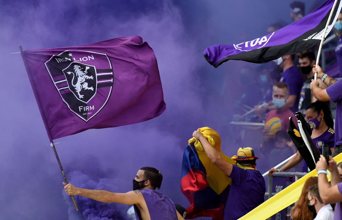 Nov 8, 2020; Orlando, Florida, USA; Orlando City fans get ready for the start of the match against Nashville SC at Orlando City Stadium. Mandatory Credit: Jonathan Dyer-USA TODAY Sports