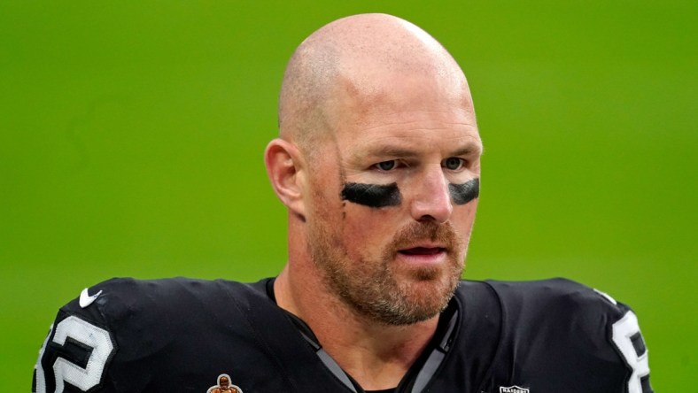 Nov 15, 2020; Paradise, Nevada, USA; Las Vegas Raiders tight end Jason Witten (82) during the first half against the Denver Broncos at Allegiant Stadium. Mandatory Credit: Kirby Lee-USA TODAY Sports