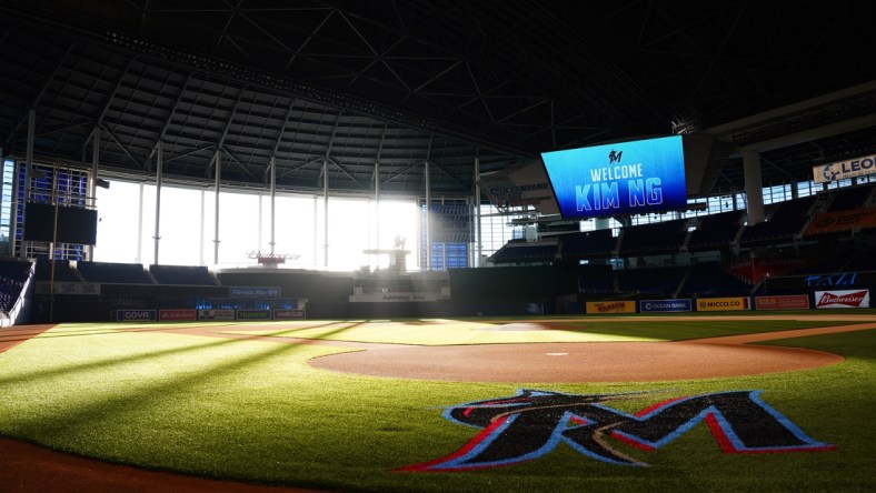 Nov 16, 2020; Miami, FL, USA;  The video board at Marlins Park welcomes Miami Marlins general manager Kim Ng.  Mandatory Credit: Joseph Guzy/Miami Marlins Handout Photo via USA TODAY Sports