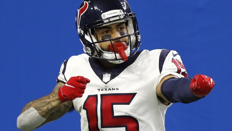 Nov 26, 2020; Detroit, Michigan, USA; Houston Texans wide receiver Will Fuller (15) celebrates after scoring a touchdown during the fourth quarter against the Detroit Lions at Ford Field. Mandatory Credit: Raj Mehta-USA TODAY Sports