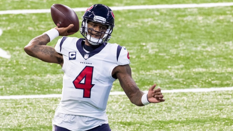 Dec 20, 2020; Indianapolis, Indiana, USA; Houston Texans quarterback Deshaun Watson (4) passes the ball against the Indianapolis Colts in the first half at Lucas Oil Stadium. Mandatory Credit: Trevor Ruszkowski-USA TODAY Sports