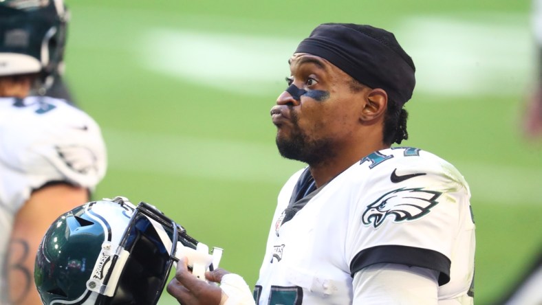 Dec 20, 2020; Glendale, Arizona, USA; Philadelphia Eagles wide receiver Alshon Jeffery (17) against the Arizona Cardinals at State Farm Stadium. Mandatory Credit: Mark J. Rebilas-USA TODAY Sports