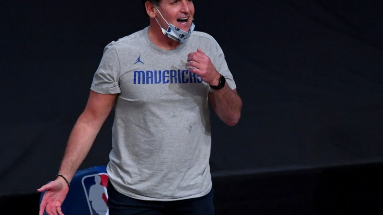 Dec 25, 2020; Los Angeles, California, USA;   Dallas Mavericks owner Mark Cuban looks on from the bench area during the game against the Los Angeles Lakers at Staples Center. Mandatory Credit: Jayne Kamin-Oncea-USA TODAY Sports