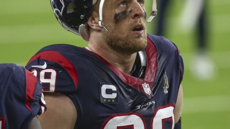 Jan 3, 2021; Houston, Texas, USA; Houston Texans defensive end J.J. Watt (99) looks up during the fourth quarter against the Tennessee Titans at NRG Stadium. Mandatory Credit: Troy Taormina-USA TODAY Sports