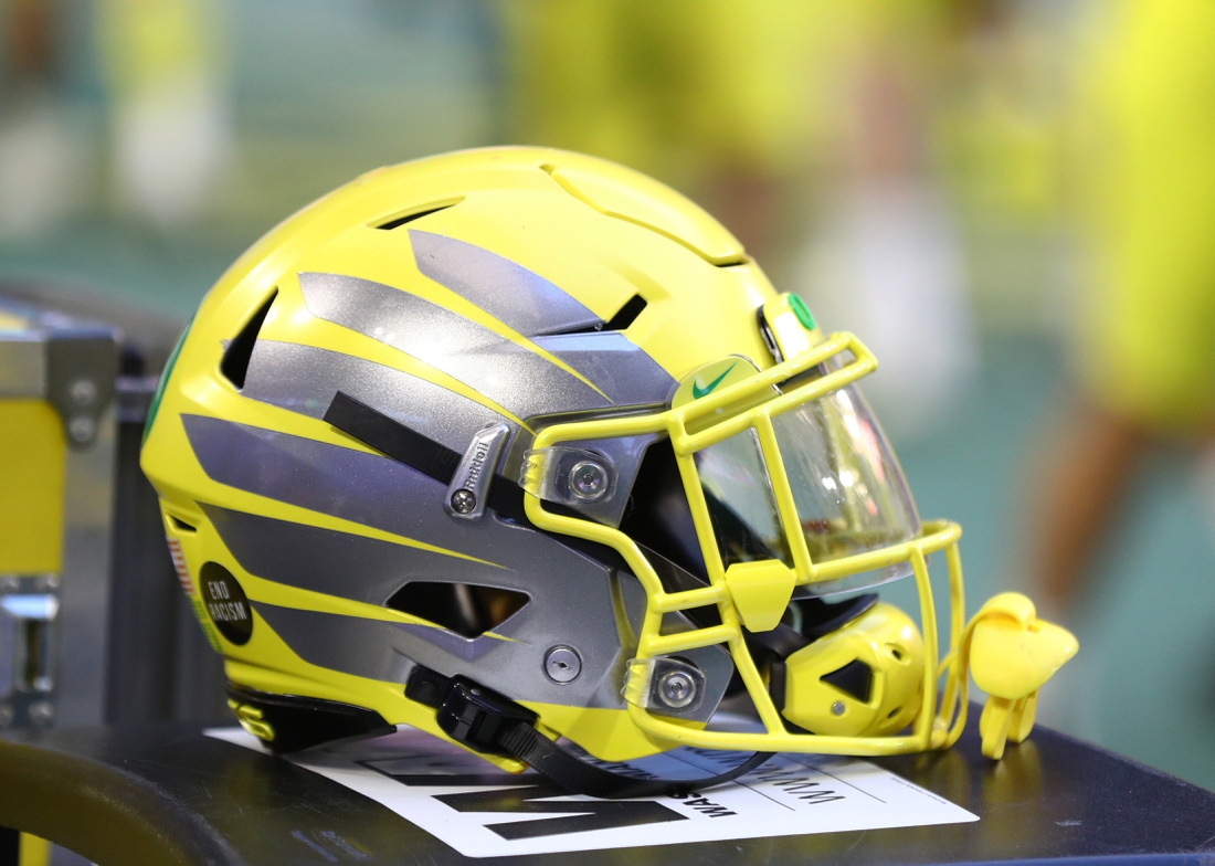 Jan 2, 2021; Glendale, AZ, USA; Detailed view of an Oregon Ducks helmet during the Fiesta Bowl at State Farm Stadium. Mandatory Credit: Mark J. Rebilas-USA TODAY Sports