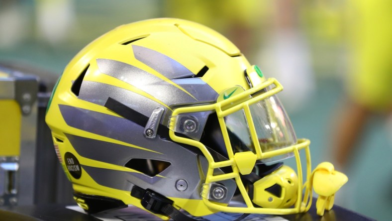 Jan 2, 2021; Glendale, AZ, USA; Detailed view of an Oregon Ducks helmet during the Fiesta Bowl at State Farm Stadium. Mandatory Credit: Mark J. Rebilas-USA TODAY Sports