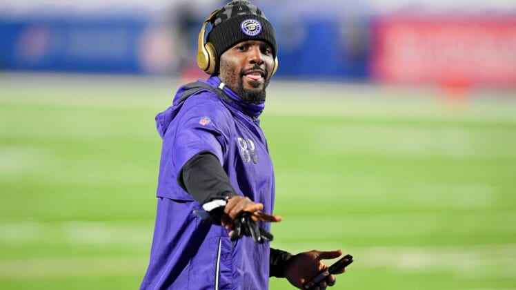 Jan 16, 2021; Orchard Park, New York, USA; Baltimore Ravens wide receiver Dez Bryant (88) during warmups before an AFC Divisional Round playoff game against the Buffalo Bills at Bills Stadium. Mandatory Credit: Rich Barnes-USA TODAY Sports