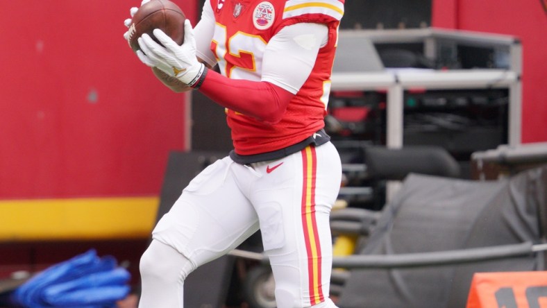 Jan 17, 2021; Kansas City, Missouri, USA; Kansas City Chiefs strong safety Tyrann Mathieu (32) warms up before the AFC Divisional Round playoff game against the Cleveland Browns at Arrowhead Stadium. Mandatory Credit: Denny Medley-USA TODAY Sports