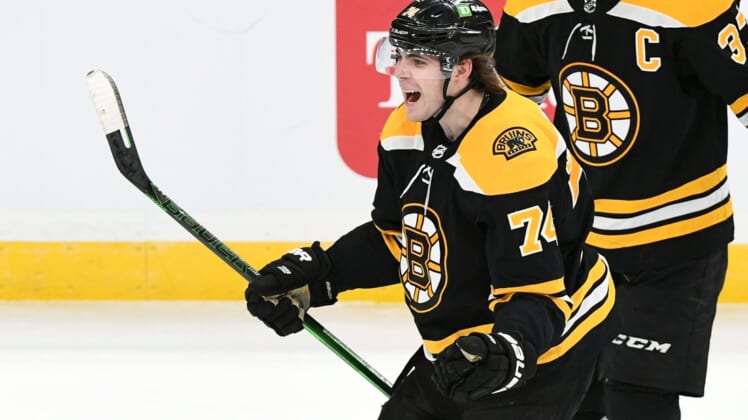 Jan 21, 2021; Boston, Massachusetts, USA; Boston Bruins left wing Jake DeBrusk (74) reacts after the Bruins defeated the Philadelphia Flyers in a shootout at the TD Garden. Mandatory Credit: Brian Fluharty-USA TODAY Sports