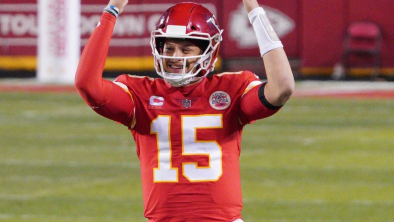 Jan 24, 2021; Kansas City, MO, USA; Kansas City Chiefs quarterback Patrick Mahomes (15) celebrates during the fourth quarter in the AFC Championship Game against the Buffalo Bills at Arrowhead Stadium. Mandatory Credit: Denny Medley-USA TODAY Sports