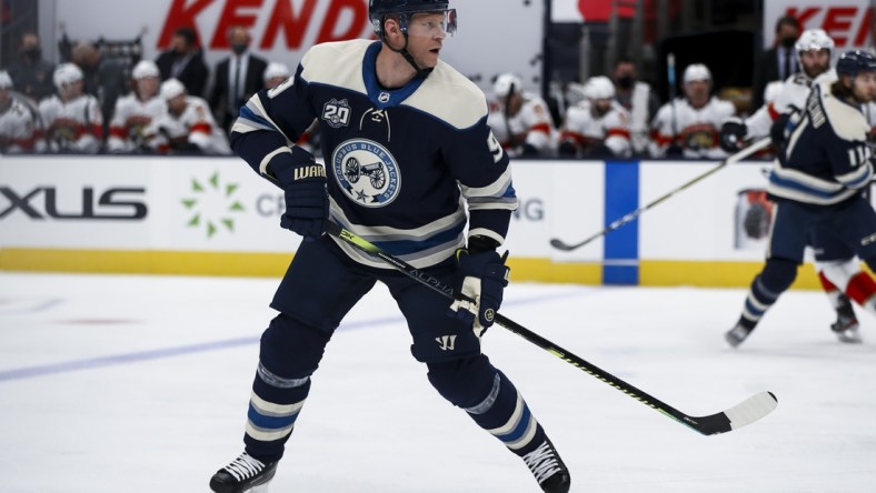 Jan 26, 2021; Columbus, Ohio, USA; Columbus Blue Jackets center Mikko Koivu (9) skates against the Florida Panthers in the first period at Nationwide Arena. Mandatory Credit: Aaron Doster-USA TODAY Sports