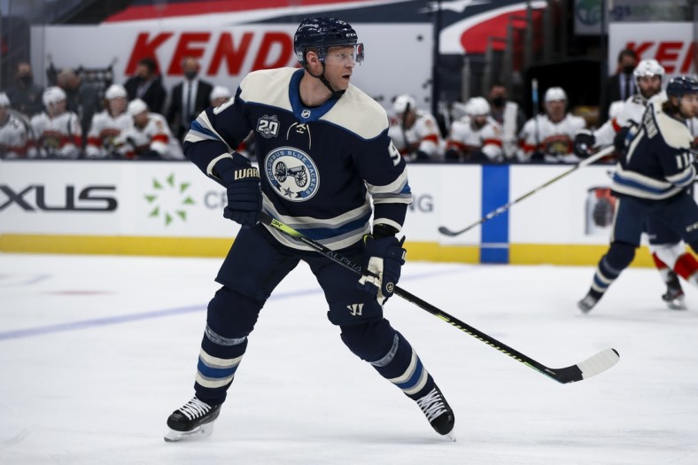 Jan 26, 2021; Columbus, Ohio, USA; Columbus Blue Jackets center Mikko Koivu (9) skates against the Florida Panthers in the first period at Nationwide Arena. Mandatory Credit: Aaron Doster-USA TODAY Sports