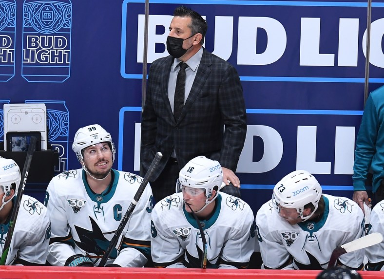 Jan 26, 2021; Denver, Colorado, USA;  San Jose Sharks head coach Bob Boughner during the first period against the Colorado Avalanche at Ball Arena. Mandatory Credit: Ron Chenoy-USA TODAY Sports