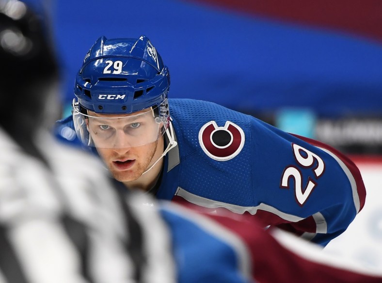 Jan 26, 2021; Denver, Colorado, USA; Colorado Avalanche center Nathan MacKinnon (29) during the third period against the San Jose Sharks at Ball Arena. Mandatory Credit: Ron Chenoy-USA TODAY Sports