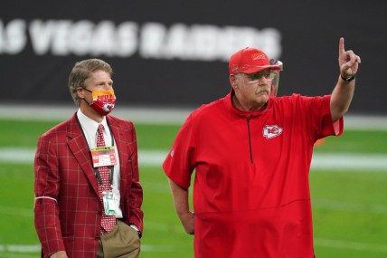 Nov 22, 2020; Paradise, Nevada, USA; Kansas City Chiefs owner Clark Hunt (left) talks with coach Andy Reid during the game against the Las Vegas Raiders at Allegiant Stadium. Mandatory Credit: Kirby Lee-USA TODAY Sports