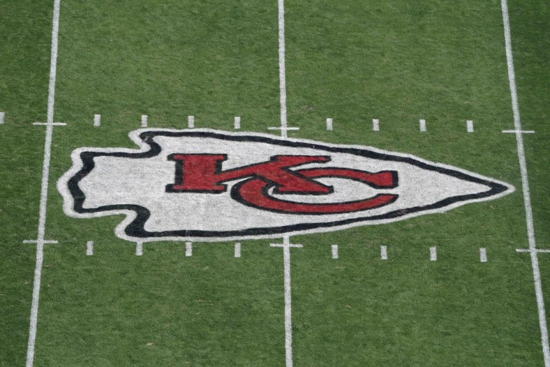 Oct 11, 2020; Kansas City, Missouri, USA; A general view of the Kansas City Chiefs  logo at midfield during the game against the Las Vegas Raiders at Arrowhead Stadium Mandatory Credit: Kirby Lee-USA TODAY Sports