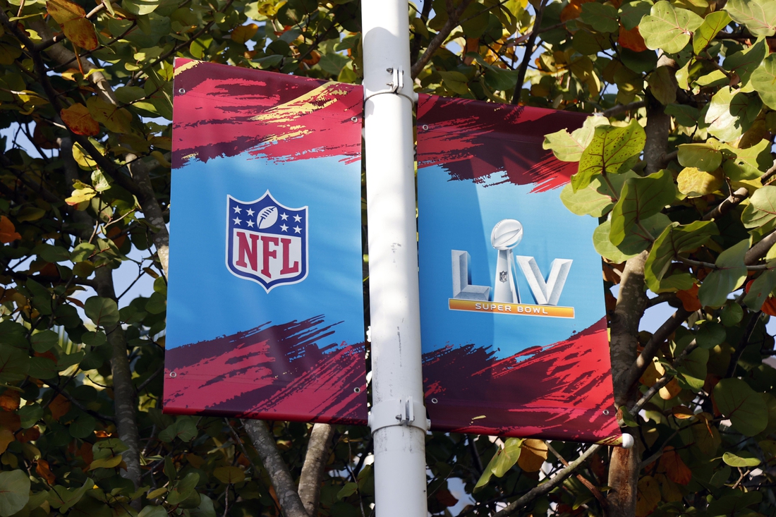 Jan 31, 2021; Tampa, Florida, USA; A general view of signage for Super Bowl  LV at downtown Tampa Mandatory Credit: Kim Klement-USA TODAY Sports