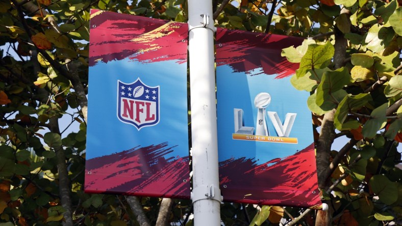 Jan 31, 2021; Tampa, Florida, USA; A general view of signage for Super Bowl  LV at downtown Tampa Mandatory Credit: Kim Klement-USA TODAY Sports