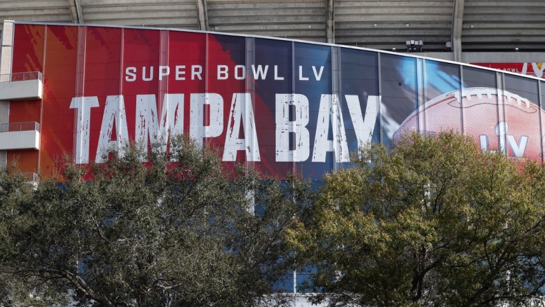 Jan 31, 2021; Tampa, Florida, USA; A general view of signage for Super Bowl LV at Raymond James Stadium  Mandatory Credit: Kim Klement-USA TODAY Sports