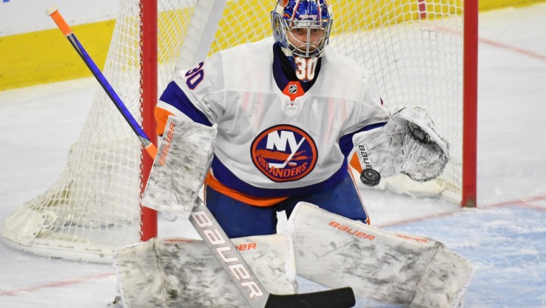 Jan 31, 2021; Philadelphia, Pennsylvania, USA; New York Islanders goaltender Ilya Sorokin (30) makes a save against the Philadelphia Flyers during the third period at Wells Fargo Center. Mandatory Credit: Eric Hartline-USA TODAY Sports