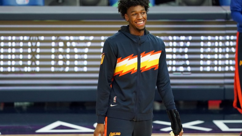 Feb 2, 2021; San Francisco, California, USA; Golden State Warriors center James Wiseman (33) walks on the court before the game against the Boston Celtics at Chase Center. Mandatory Credit: Darren Yamashita-USA TODAY Sports