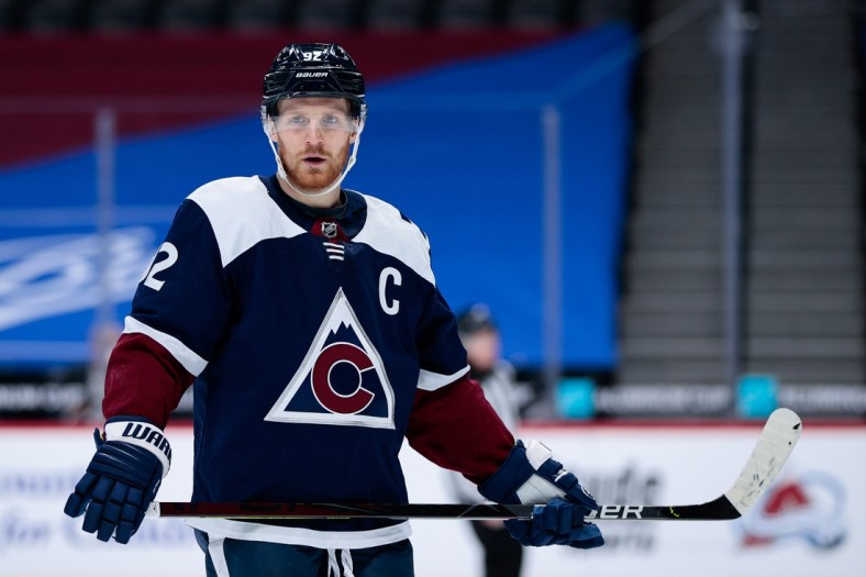 Feb 2, 2021; Denver, Colorado, USA; Colorado Avalanche left wing Gabriel Landeskog (92) in the third period against the Minnesota Wild at Ball Arena. Mandatory Credit: Isaiah J. Downing-USA TODAY Sports