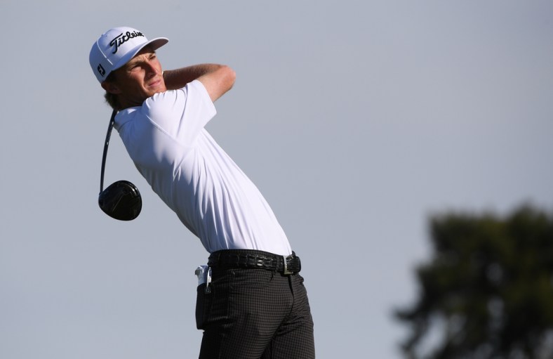 Jan 31, 2021; San Diego, California, USA; Will Zalatoris plays his shot from the second tee during the final round of the Farmers Insurance Open golf tournament at Torrey Pines Municipal Golf Course - South Course. Mandatory Credit: Orlando Ramirez-USA TODAY Sports