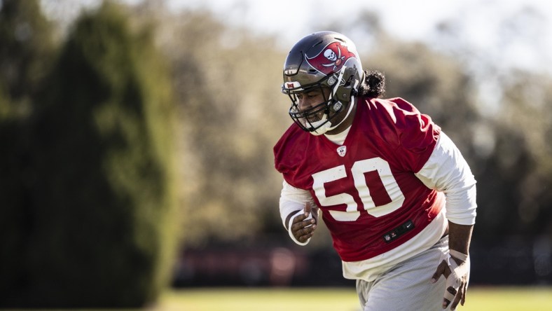 Feb 3, 2021; Tampa, FL, USA; Tampa Bay Buccaneers defensive tackle Vita Vea during NFL football practice, Wednesday, Feb. 3, 2021 in Tampa, Fla. The Buccaneers will face the Kansas City Chiefs in Super Bowl 55.  Mandatory Credit: Kyle Zedaker/Handout Photo via USA TODAY Sports