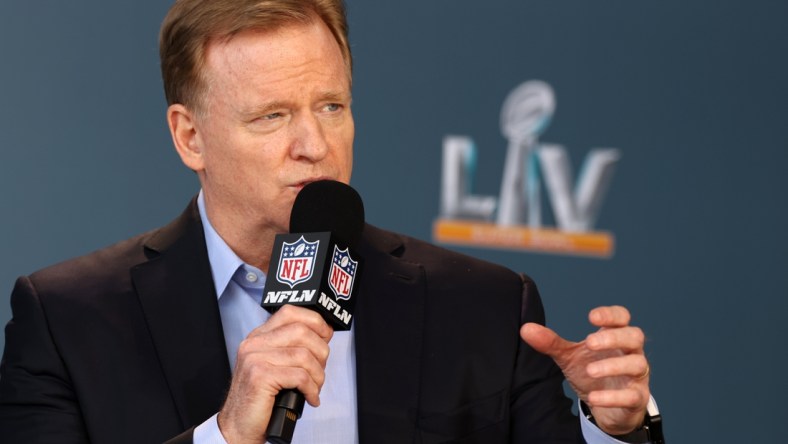 Feb 4, 2021; Tampa, FL, USA; NFL football commissioner Roger Goodell speaks at a press conference ahead of Super Bowl 55, Thursday, Feb. 4, 2021, in Tampa, Fla.  Mandatory Credit: Perry Knotts/Handout Photo via USA TODAY Sports