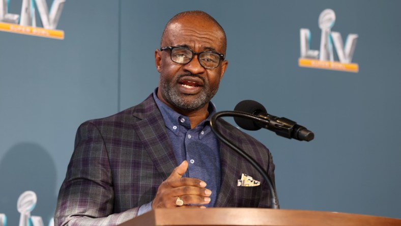 Feb 4, 2021; Tampa, FL, USA; NFLPA executive director DeMaurice Smith speaks during a press conference ahead of Super Bowl LV, Thursday, Feb. 4, 2021 in Tampa, Fla. Mandatory Credit: Perry Knotts/Handout Photo via USA TODAY Sports