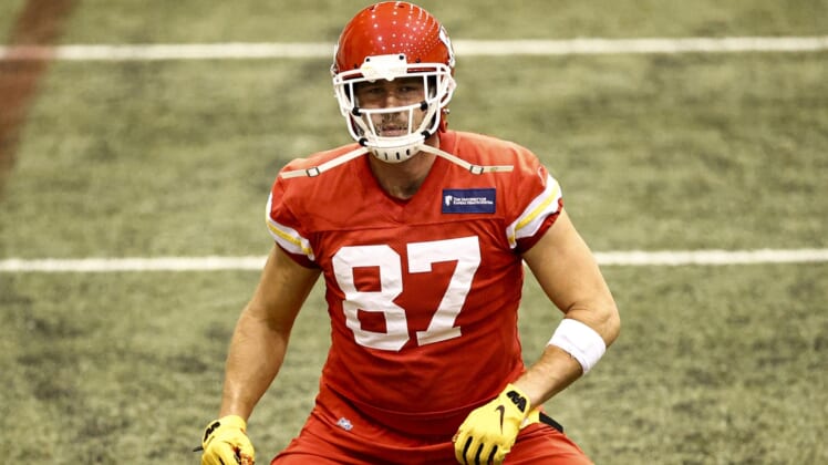 Feb 4, 2021; Kansas City, MO, USA; Kansas City Chiefs tight end Travis Kelce during practice as they prepare for Super Bowl LV against the Tampa Bay Buccaneers. Mandatory Credit: Steve Sanders/Handout Photo via USA TODAY Sports