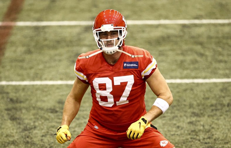 Feb 4, 2021; Kansas City, MO, USA; Kansas City Chiefs tight end Travis Kelce during practice as they prepare for Super Bowl LV against the Tampa Bay Buccaneers. Mandatory Credit: Steve Sanders/Handout Photo via USA TODAY Sports