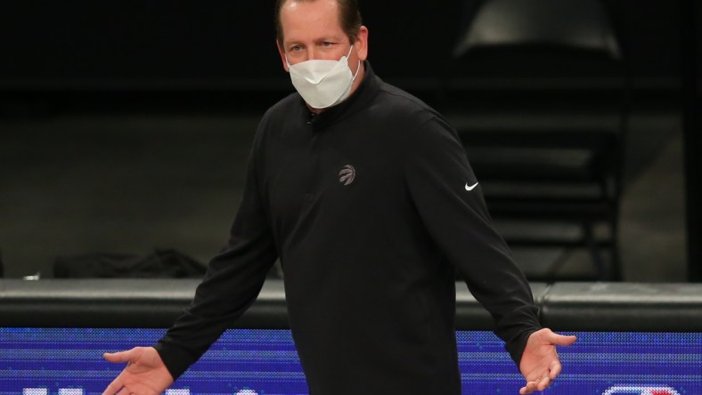 Feb 5, 2021; Brooklyn, New York, USA; Toronto Raptors head coach Nick Nurse reacts as he coaches against the Brooklyn Nets during the first quarter at Barclays Center. Mandatory Credit: Brad Penner-USA TODAY Sports