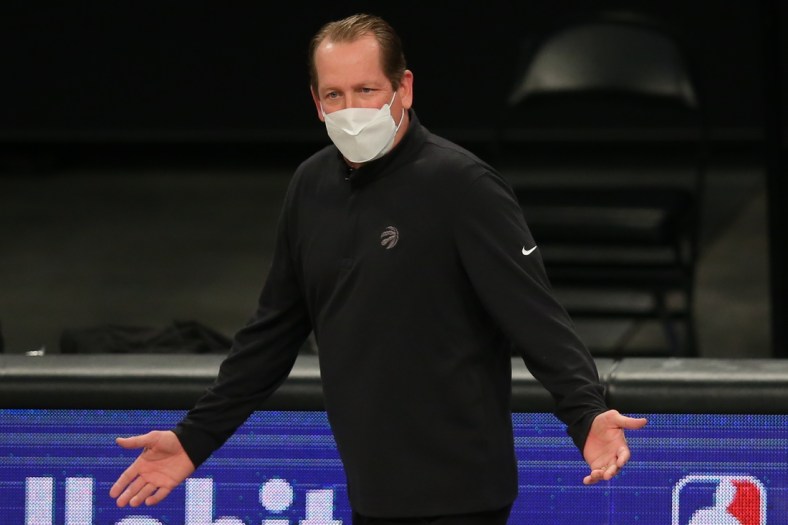 Feb 5, 2021; Brooklyn, New York, USA; Toronto Raptors head coach Nick Nurse reacts as he coaches against the Brooklyn Nets during the first quarter at Barclays Center. Mandatory Credit: Brad Penner-USA TODAY Sports
