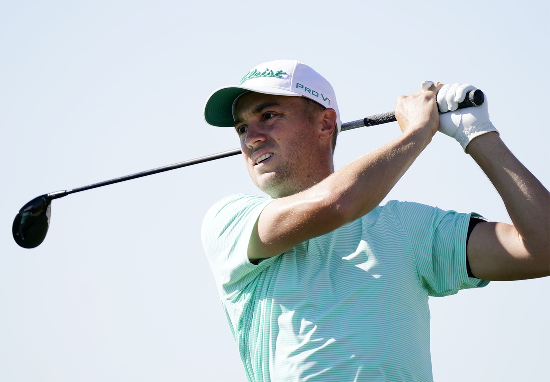 Feb 6, 2021; Scottsdale, Arizona, USA; Justin Thomas plays his tee shot on the ninth hole during round three of the Waste Management Phoenix Open at TPC Scottsdale. Mandatory Credit: Rob Schumacher-Arizona Republic via USA TODAY Network