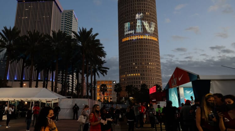 Feb 6, 2021; Tampa, Florida, USA; A general view of the Super Bowl LV logo projected on the Sykes tower in downtown Tampa prior to the game with the Tampa Bay Buccaneers playing against the Kansas City Chiefs. Mandatory Credit: Matthew Emmons-USA TODAY Sports