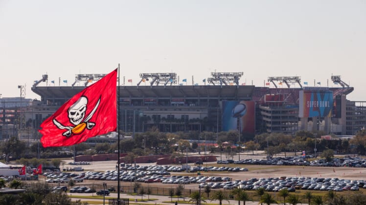 Feb 7, 2021; Tampa, Florida, USA; A general view of the Buccaneers Training Facility and Raymond James Stadium before Super Bowl LV between the Kansas City Chiefs and the Tampa Bay Buccaneers. Mandatory Credit: Mary Holt-USA TODAY Sports