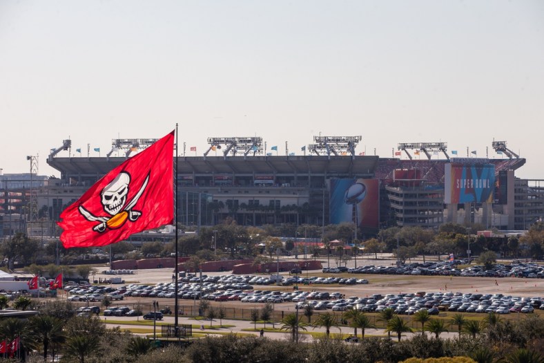 Feb 7, 2021; Tampa, Florida, USA; A general view of the Buccaneers Training Facility and Raymond James Stadium before Super Bowl LV between the Kansas City Chiefs and the Tampa Bay Buccaneers. Mandatory Credit: Mary Holt-USA TODAY Sports