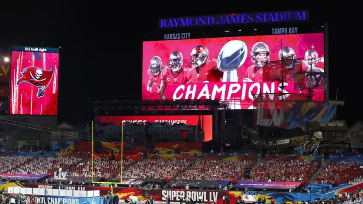 Feb 7, 2020; Tampa, FL, USA; An overall view of Raymond James Stadium after Super Bowl LV.  Mandatory Credit: Kim Klement-USA TODAY Sports