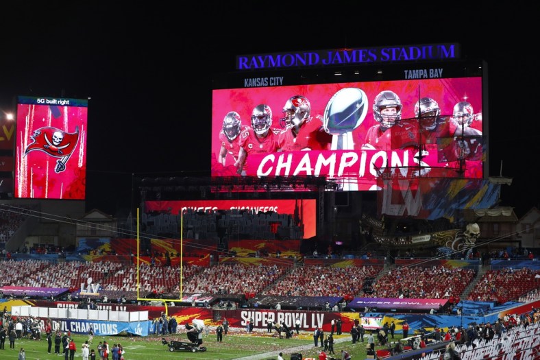 Feb 7, 2020; Tampa, FL, USA; An overall view of Raymond James Stadium after Super Bowl LV.  Mandatory Credit: Kim Klement-USA TODAY Sports