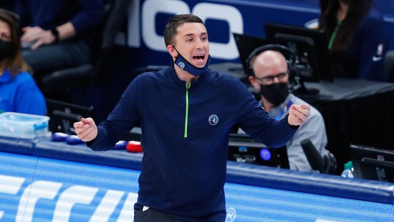 Feb 5, 2021; Oklahoma City, Oklahoma, USA; Minnesota Timberwolves head coach Ryan Saunders yells to his team on a play against the Oklahoma City Thunder in the first quarter at Chesapeake Energy Arena. Mandatory Credit: Alonzo Adams-USA TODAY Sports