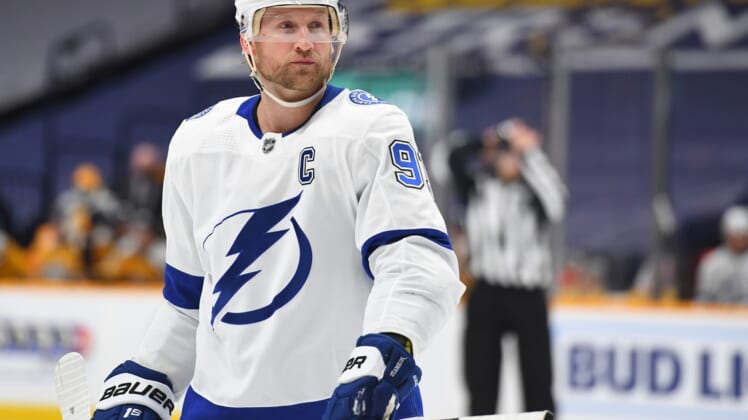 Feb 8, 2021; Nashville, Tennessee, USA; Tampa Bay Lightning center Steven Stamkos (91) skates in for a face off during the second period against the Nashville Predators at Bridgestone Arena. Mandatory Credit: Christopher Hanewinckel-USA TODAY Sports